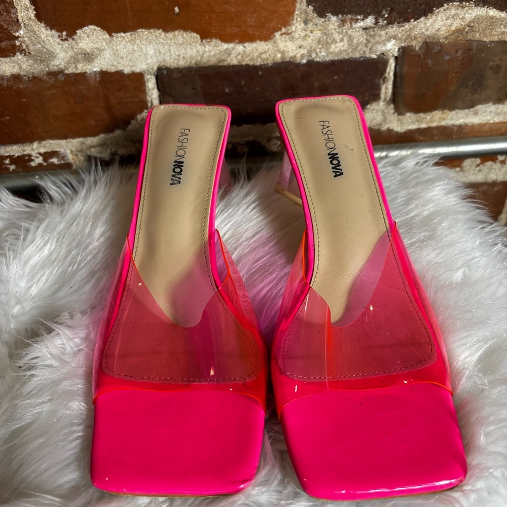 Fashion Nova Neon Pink Clear Strap Square Toe Mules